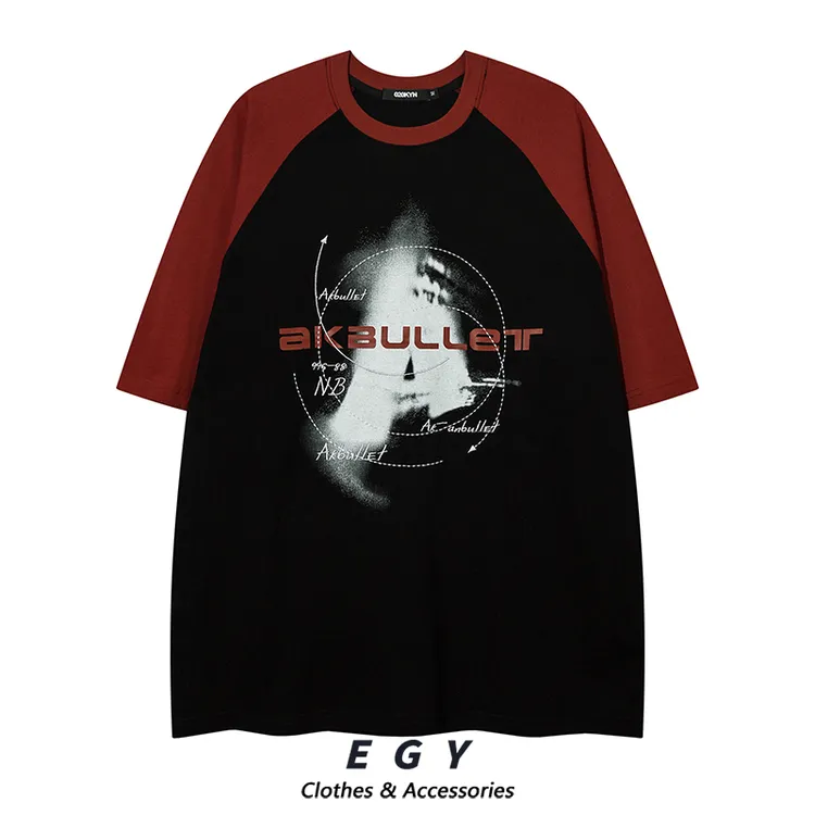 美式休闲校园宽松运动插肩短袖T恤日系街头复古印花学生半袖男女