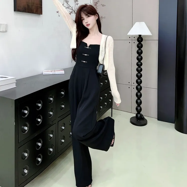 国风西装连体裤新中式复古高腰黑色显瘦吊带垂感阔腿裤女