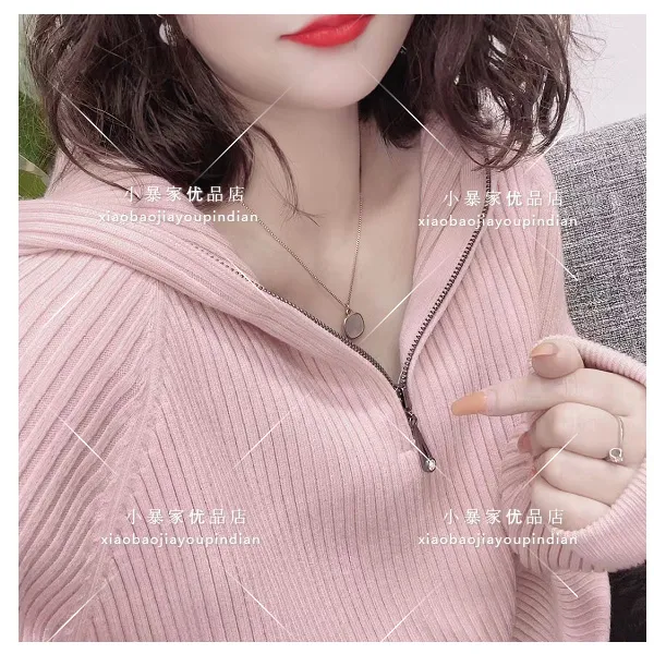 蓝卡缇秋冬款加厚长袖连帽拉链针织毛衣秋季套头百搭显瘦