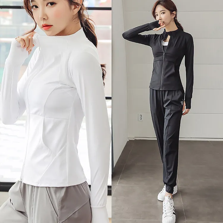 健身套装女跑步晨跑速干黑色户外运动长袖高档健身房运动服套装女