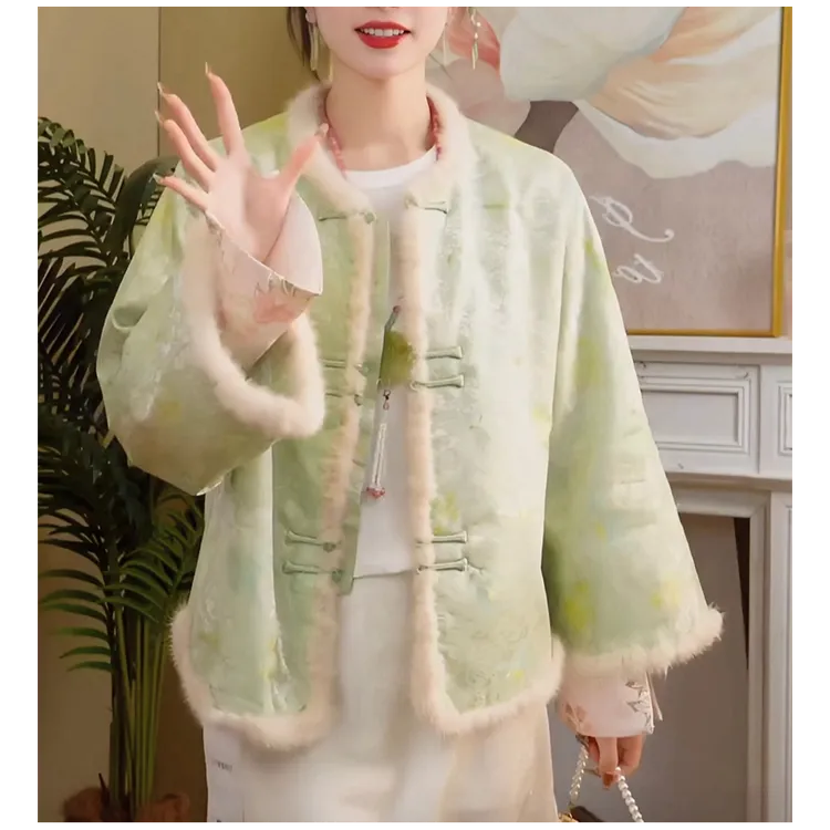 新中式毛领棉衣冬季新款女装夹棉唐装上衣中国风古风提花棉服外套