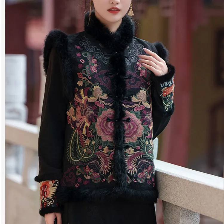 重工刺绣中国风棉马甲背心秋冬水貂毛领保暖棉马夹新中式女装上衣