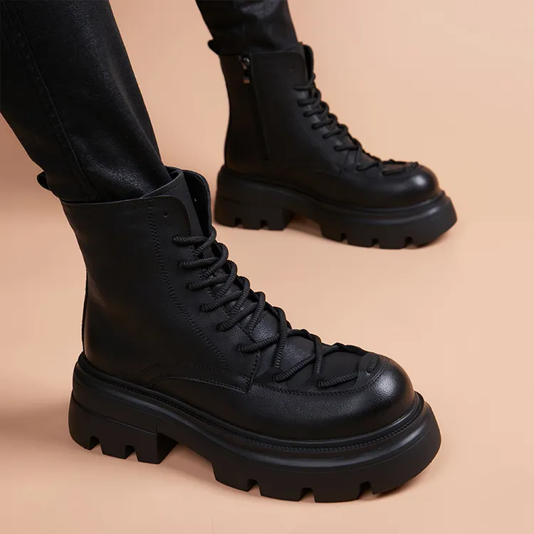 黑色马丁靴男秋冬季潮流百搭时装靴男潮牌厚底增高时尚高帮皮鞋男