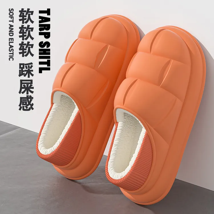 踩屎感防水棉拖鞋女秋冬季居家保暖防滑厚底外穿包跟情侣包头拖男