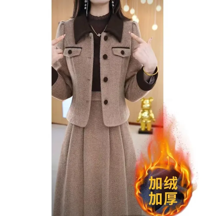 【TIAN】秋冬新款小香风高级感单排扣外套百褶半身裙洋气两件套装