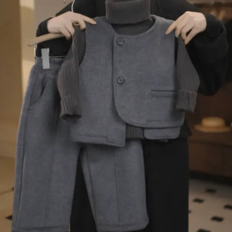 男女童紫色马甲2024年秋冬季新时尚大方高领毛衣加厚马甲裤子套装