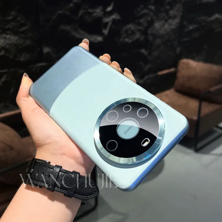 适用华为mate30/40/50/60pro手机壳新款素皮拼接玻璃全包镜头防摔