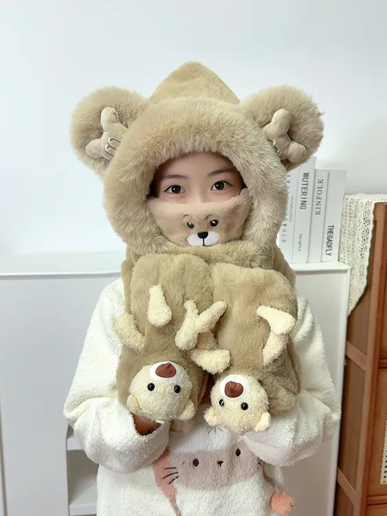 儿童帽子围巾手套三件套冬季加绒加厚女童一体帽男大童保暖防风帽