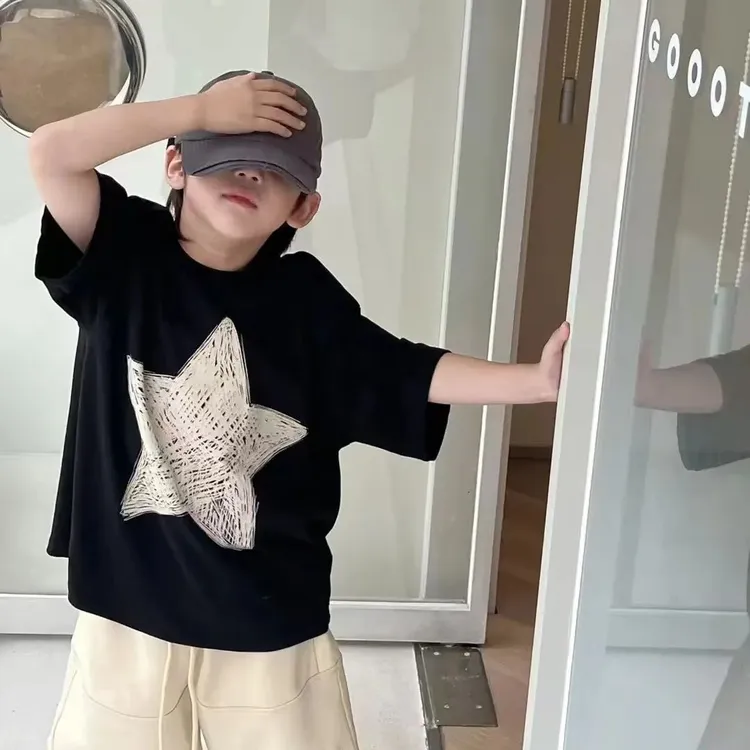 纯棉儿童宝宝夏季薄款短袖T恤黑色印花洋气百搭时尚男女童打底衫