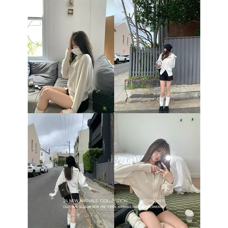 YESWOMEN極简翻领毛衣純羊毛纱线双头拉链上宽下窄XY0049A3929