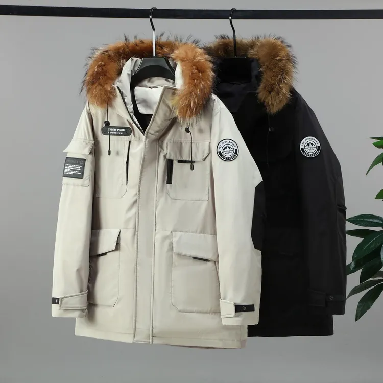 大码羽绒服男中长款工装胖子加肥加大冬季白鸭绒毛领厚外套300斤