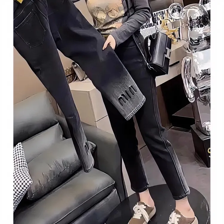 2024秋冬新款大码微胖高腰女爆款弹力显瘦九分直筒烟管黑色牛仔裤