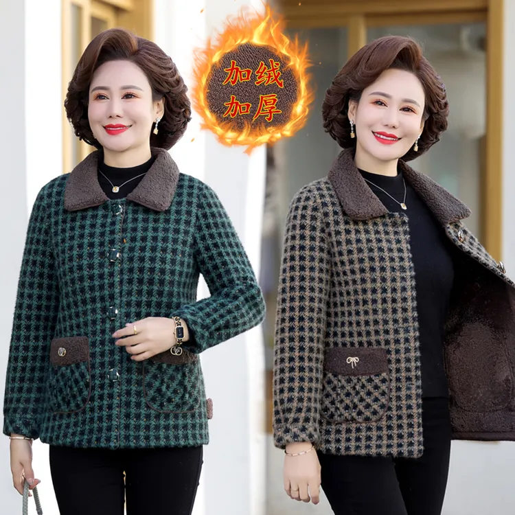 新款中老年加绒加厚外套上衣洋气中年人毛呢妈妈装冬装外套格子
