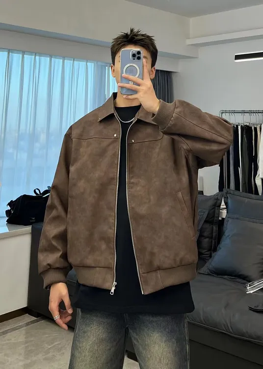 PU皮铆钉夹克翻领棒球服情侣时尚百搭潮流韩版皮衣男外套户外男生