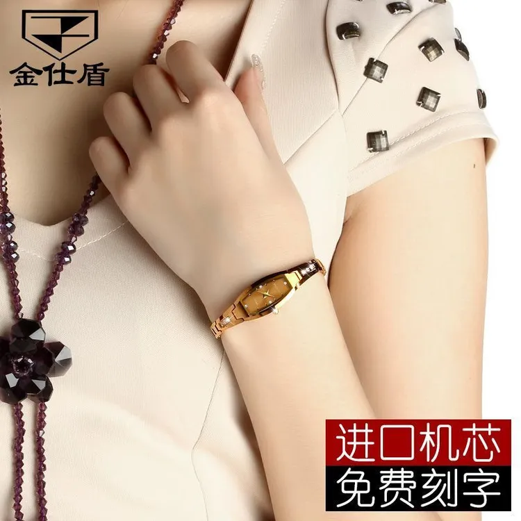瑞士认证女士手表进口机芯钨钢小巧手链式女表金色镶钻防水高颜值