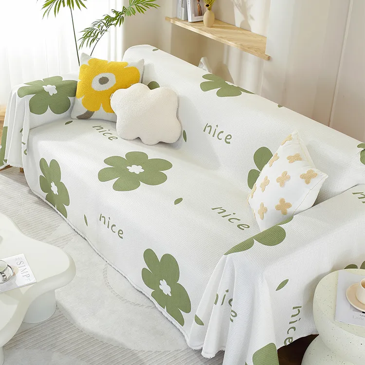 ins风沙发盖巾四季通用印花华夫格坐垫防滑一体式全包沙发套盖布