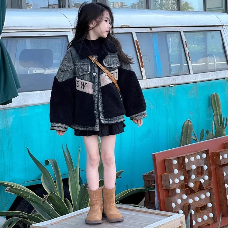 女童夹棉外套2025新款秋冬款男童6-12岁韩系牛仔拼接加厚毛毛衣