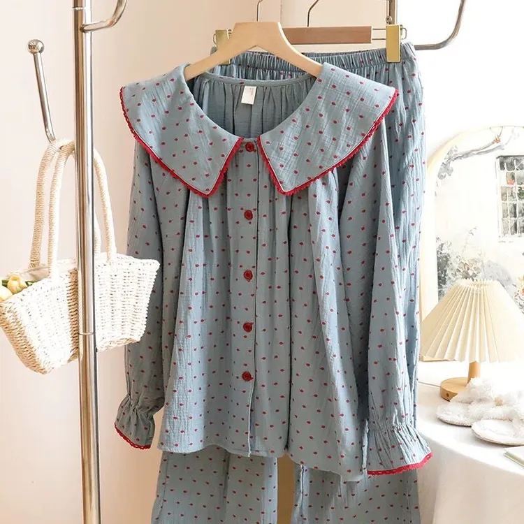 秋季新款棉质娃娃领韩版休闲开衫圆点长袖长裤睡衣套装女式家居服