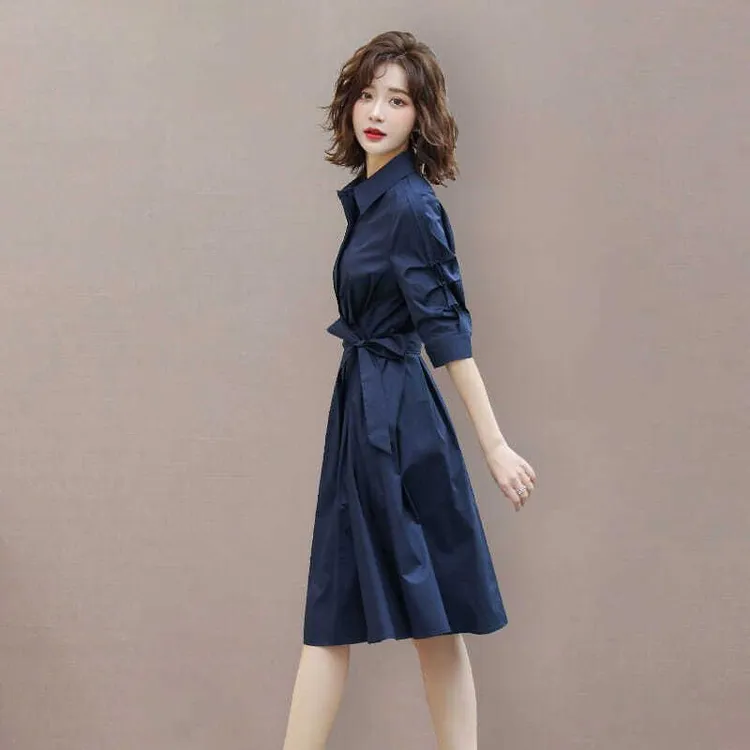 藏青色连衣裙女2024年春装新款收腰显瘦气质简约通勤衬衫a字裙子