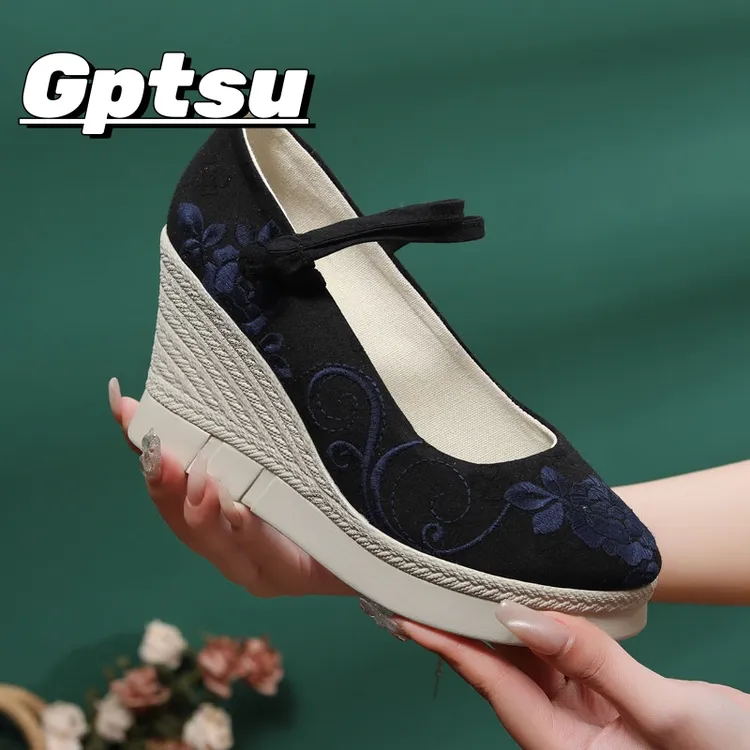 GPTSu坡跟国风绣花布鞋女古风汉服鞋搭配马面裙的鞋子高跟黑色