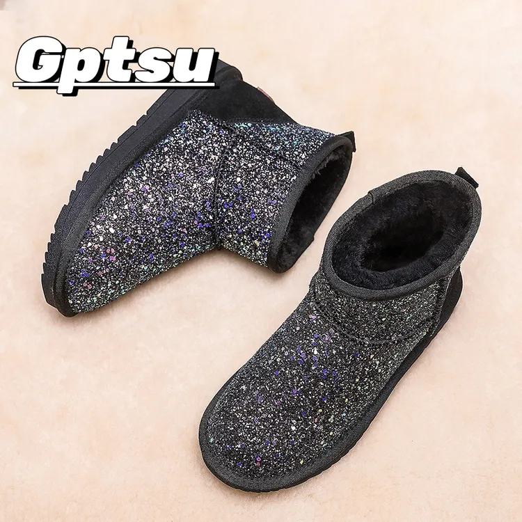 GPTSu雪地靴女款冬季亮片雪地靴女短筒靴加绒保暖雪地棉鞋面包鞋