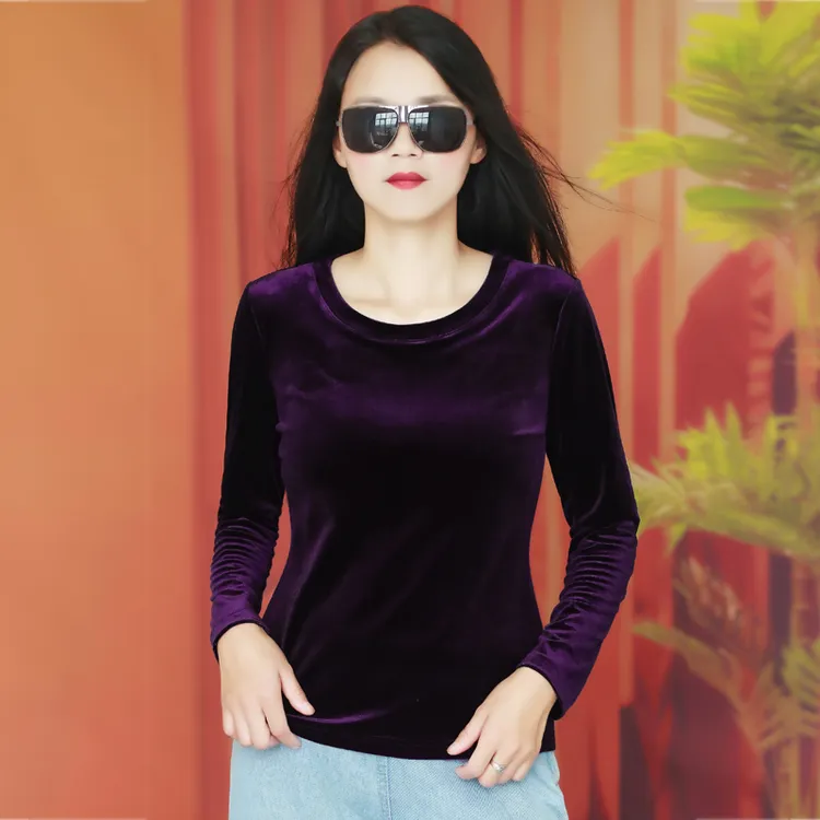 高端金丝绒上衣时尚洋气圆领打底衫女长袖t恤春秋款修身纯色小衫