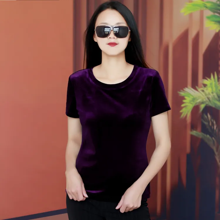 夏季圆领短袖t恤女金丝绒上衣高贵洋气小衫纯色修身打底衫女半袖