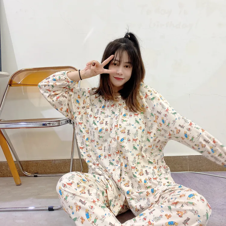 【动物乐园】纯棉长袖开衫ins风宽松套装大码休闲胖mm纯棉家居服