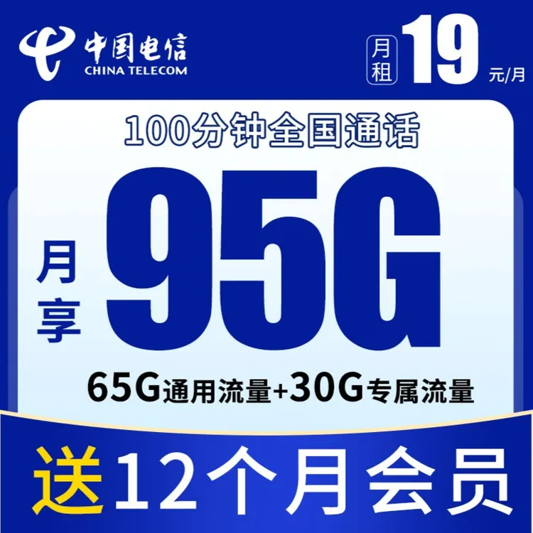 电信天玄卡19元95G+100分钟送12个月会员全国通用手机卡电话卡X