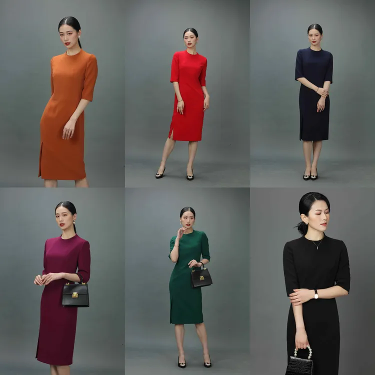 【菲越金剪】轻奢风百搭经典圆领高贵纯色中袖气质喜婆婆时尚连衣裙
