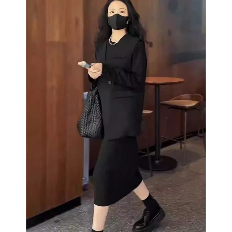 早秋大码长袖连衣裙西装马甲两件套休闲套装女韩版宽松直筒中长款