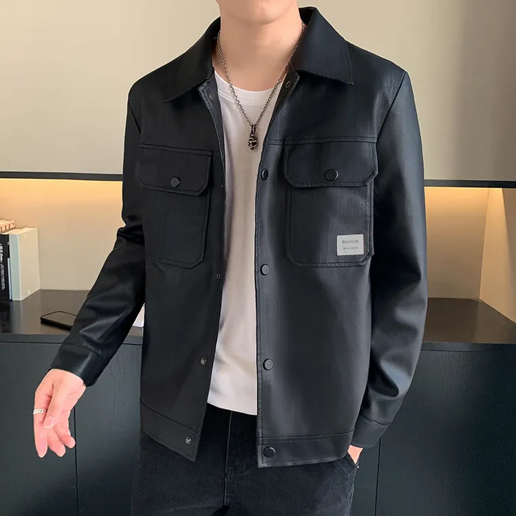 百搭低价翻领皮衣男士机车服2024年新款休闲皮夹克时尚外套男装