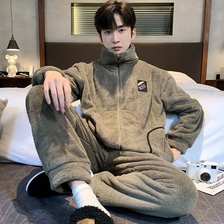 高级【法兰绒】冬款珊瑚绒加绒加厚款保暖双面绒大码男士家居服睡衣