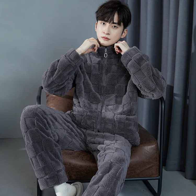 睡衣男秋冬款加厚加绒保暖珊瑚绒拉链开衫冬天男士加大家居服套装