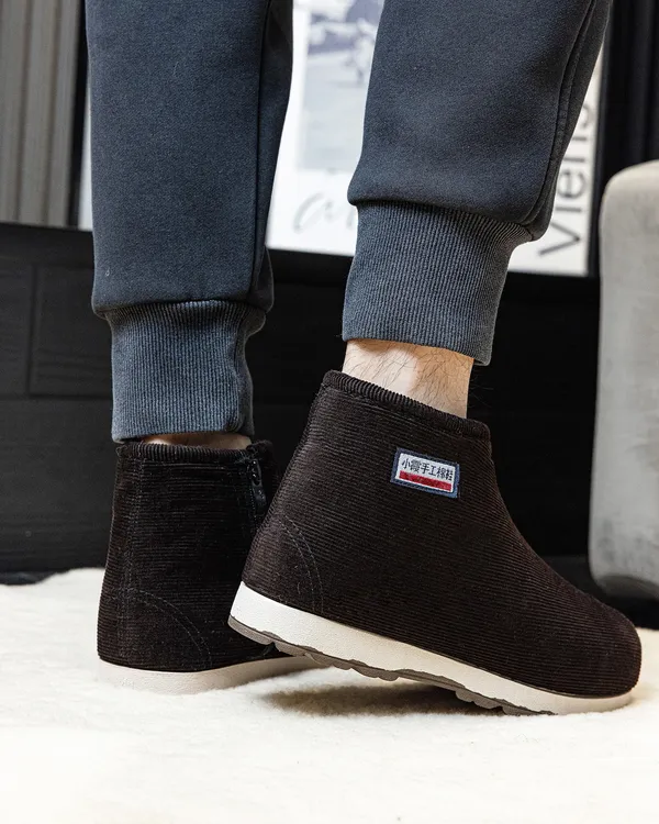 传统灯芯绒棉布中年老年人冬季加绒保暖防滑加厚家居棉鞋男跑步鞋