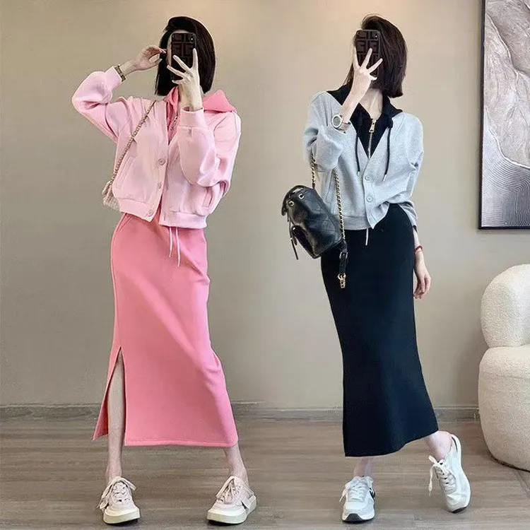 微胖mm时尚休闲套装大码女秋季显瘦宽松洋气卫衣减龄半身裙两件套