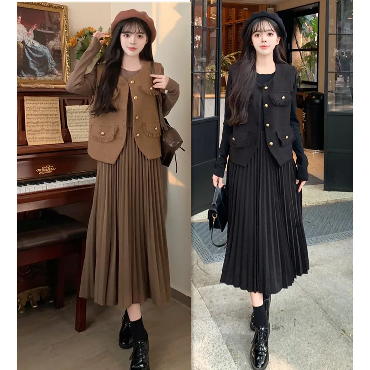 哺乳装外出辣妈款套装裙小香风马甲外套长款连衣裙秋冬喂奶两件套