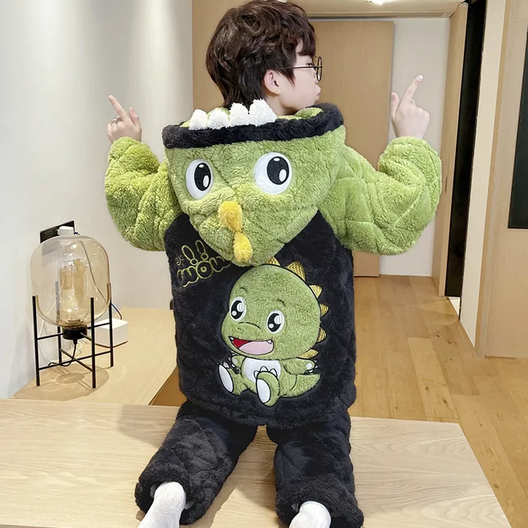 儿童睡衣冬季珊瑚绒加厚夹棉韩版开衫男童绒睡衣中大童学生家居服