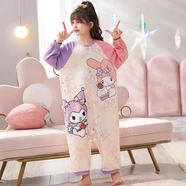 库洛米儿童连体睡衣女童春秋纯棉长袖爬服大童女孩卡通连身家居服