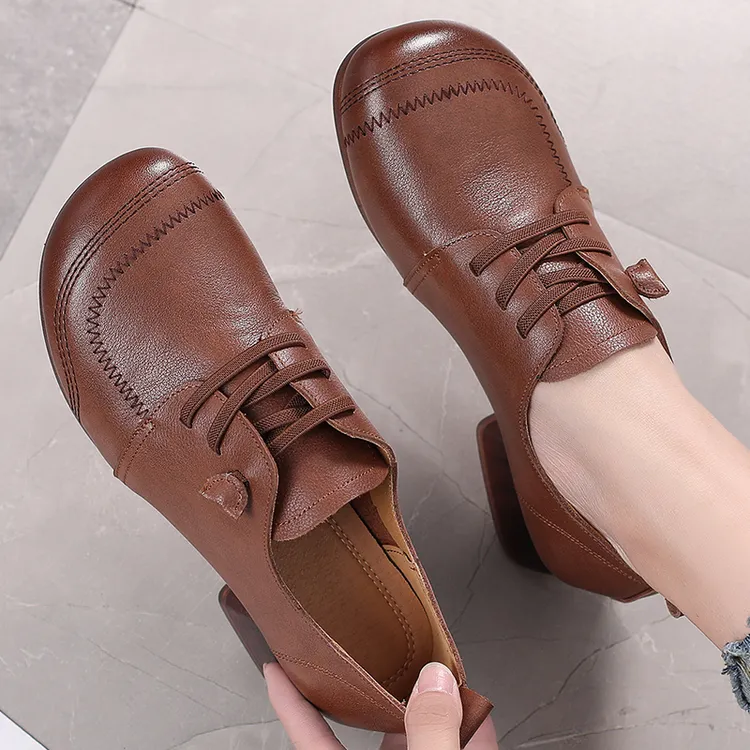 真皮妈妈鞋软皮软底复古深口单鞋2025春秋新款中跟舒适大码女鞋子