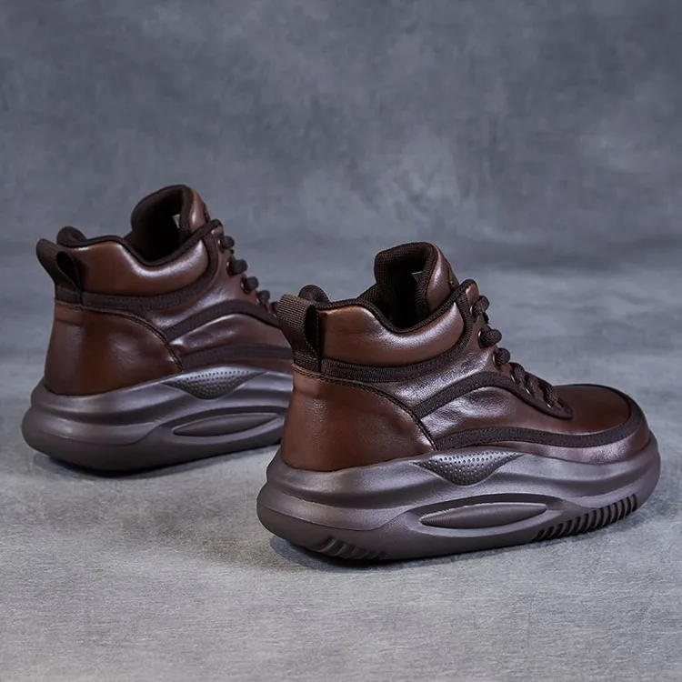 头层牛皮厚底高帮鞋女2025新款秋季英伦风真皮复古软底棕色休闲鞋