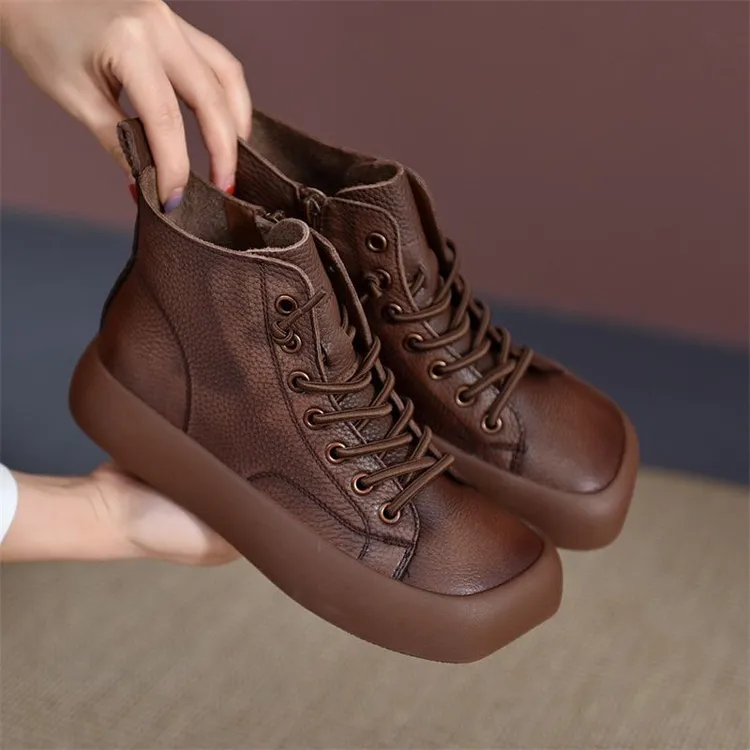 头层牛皮高帮鞋女秋季新款复古真皮平底百搭休闲短靴英伦风尤莱特