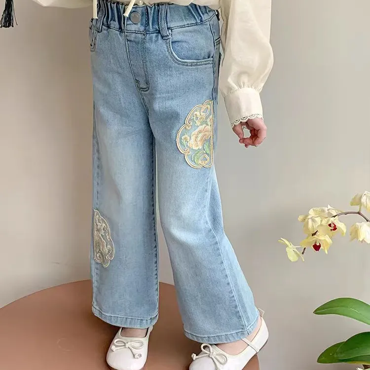 女童国风牛仔裤裤子新中式童装阔腿裤女童宽松春秋直筒休闲百搭