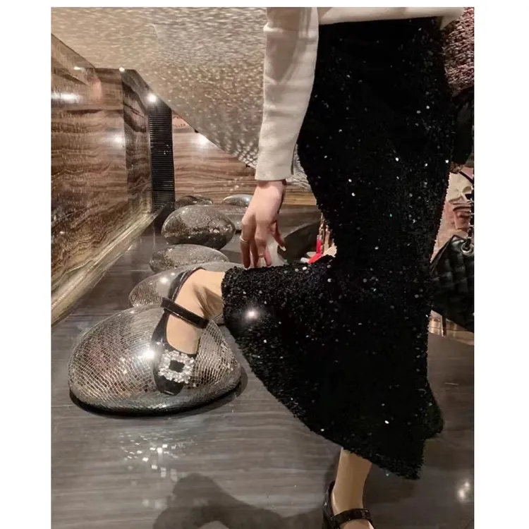 纯色亮片半身裙女秋冬款高腰设计感小众松紧腰显瘦半身裙鱼尾裙