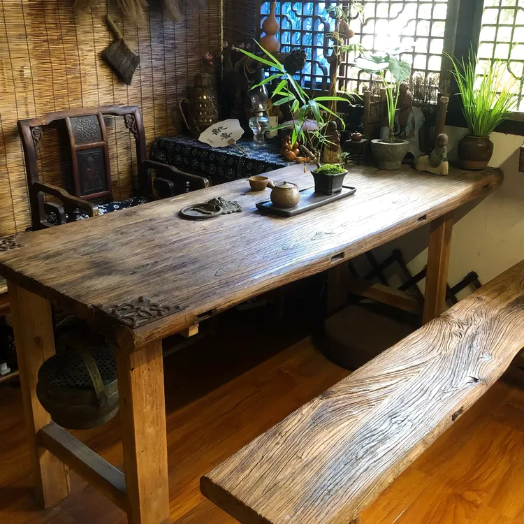 实木茶桌老榆木门板茶桌复古姹寂风风化旧木板茶台吧台真实老料