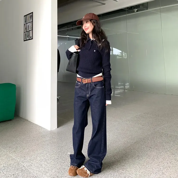 2025春新款时尚潮流高腰垂感直筒窄版阔腿裤深蓝色牛仔裤女