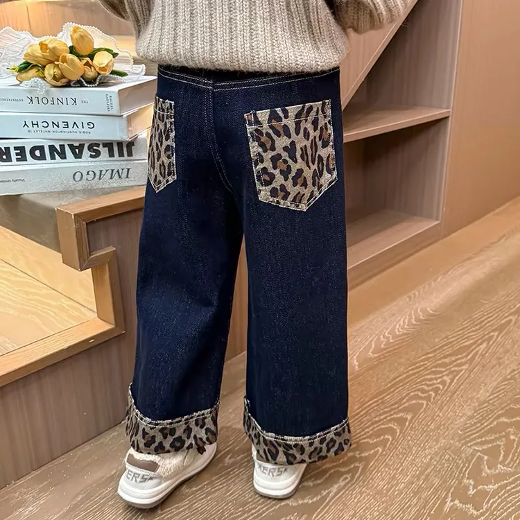 女童加绒牛仔裤秋冬装2025新款女宝宝加厚一体绒豹纹翻边直筒裤子
