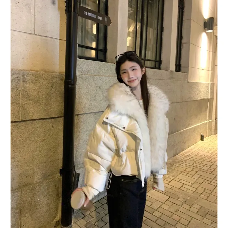 INS CEC韩系短款毛领棉服外套女秋冬新款气质高级感宽松百搭棉衣