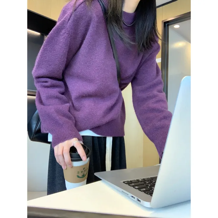 INS CEC软糯慵懒风紫色毛衣女2025秋冬新款宽松套头正肩针织上衣