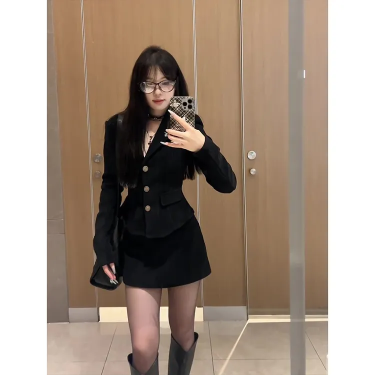 INS CEC冬装黑色v领西装外套女秋冬冬季高级感小个子宽松短款上衣
